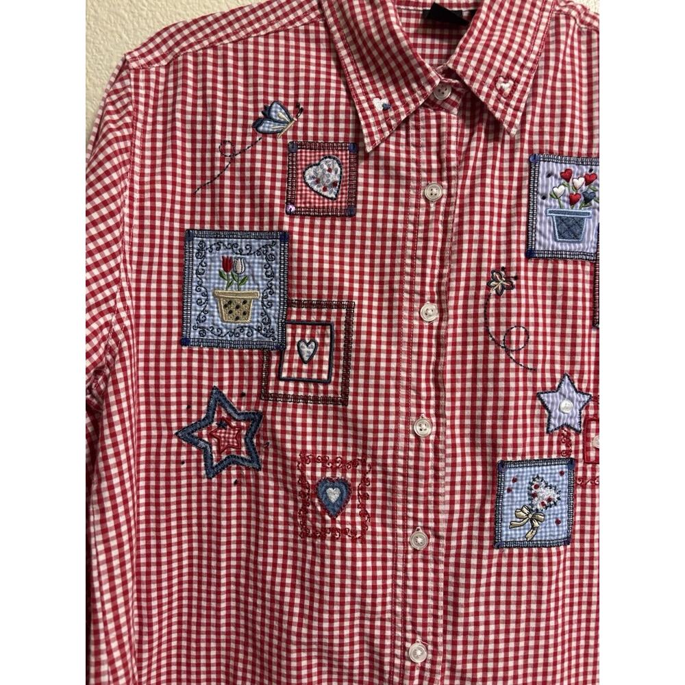 VTG Patchwork Button Up Shirt Red Gingham Plaid E… - image 3